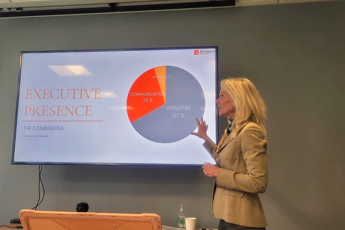 Dr. Brigitte Bojkowszky speaking on executive presence at a leadership workshop